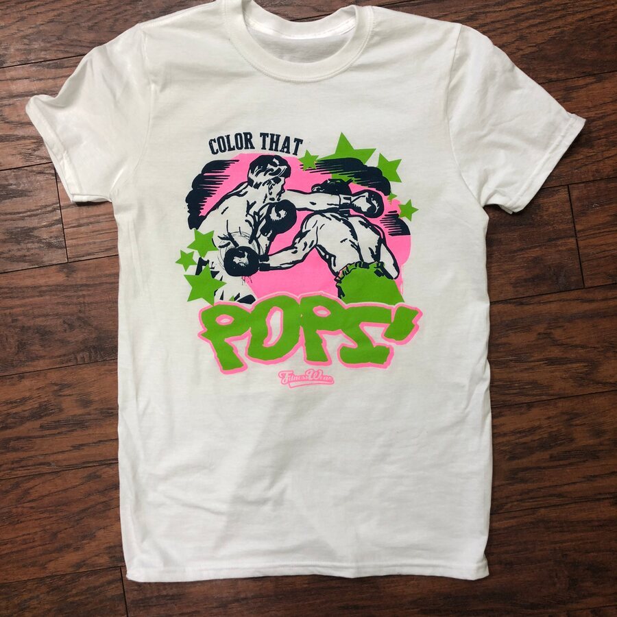 Color That Pops tee: two vintage boxers in pink, lime and navy